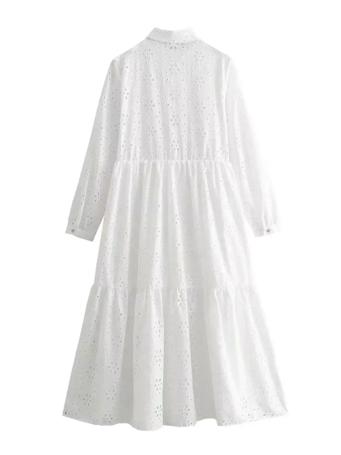 XNWMNZ 2024 Women\'s Fashion White Hollow out Embroidered Midi Dress Women Retro Lapel Long Sleeve Front Button Female Dresses