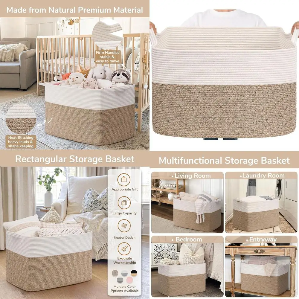 

Большая плетеная корзина для одеял 105 л, органайзер из хлопчатобумажной веревки 25 x 16 x 16 дюймов для игрушек, грязной одежды, очень большая прямоугольная корзина для хранения