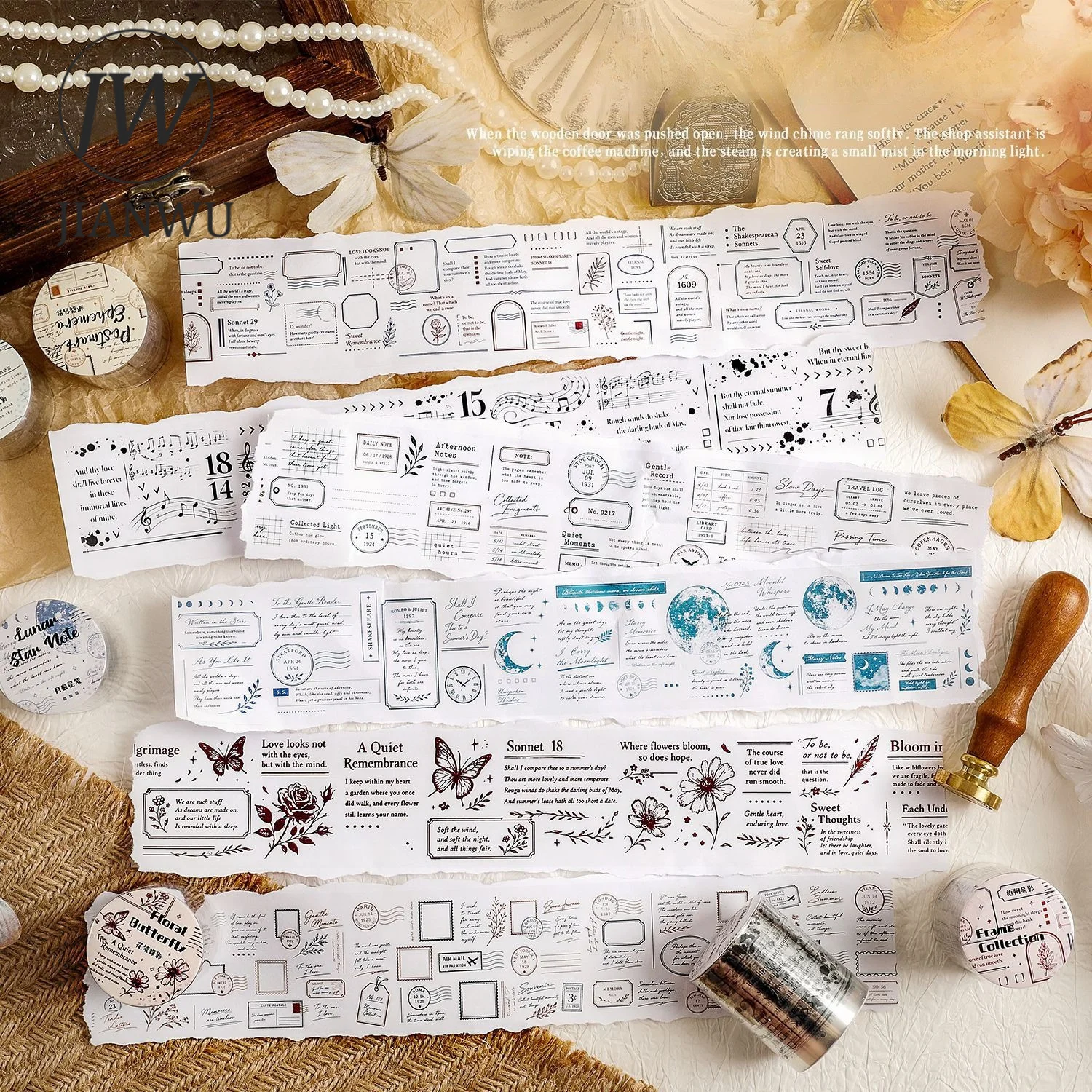 JIANWU 50mm*200cm Vintage Butterfly Border Stamp Label Landscape Material Collage Scrapbooking PET Tape Journal Stationery