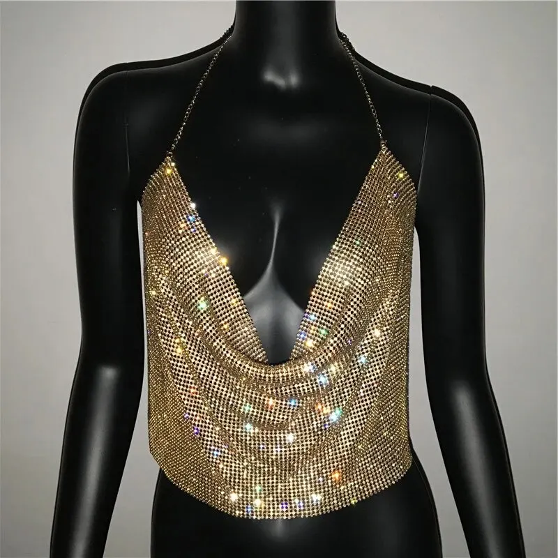 Festival Brilliant Strass rückenfreies Party Crop Top Damen 2025, Sommer, Glitzer, Abend, V-Ausschnitt, Diamanten, Metall-Tanktops – Detail 15