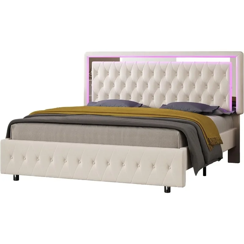 ZHENXIANG Marco de cama Queen con luces LED Cabecero y pie de cama, marco de cama de plataforma tamaño Queen tapizado de terciopelo sin somier