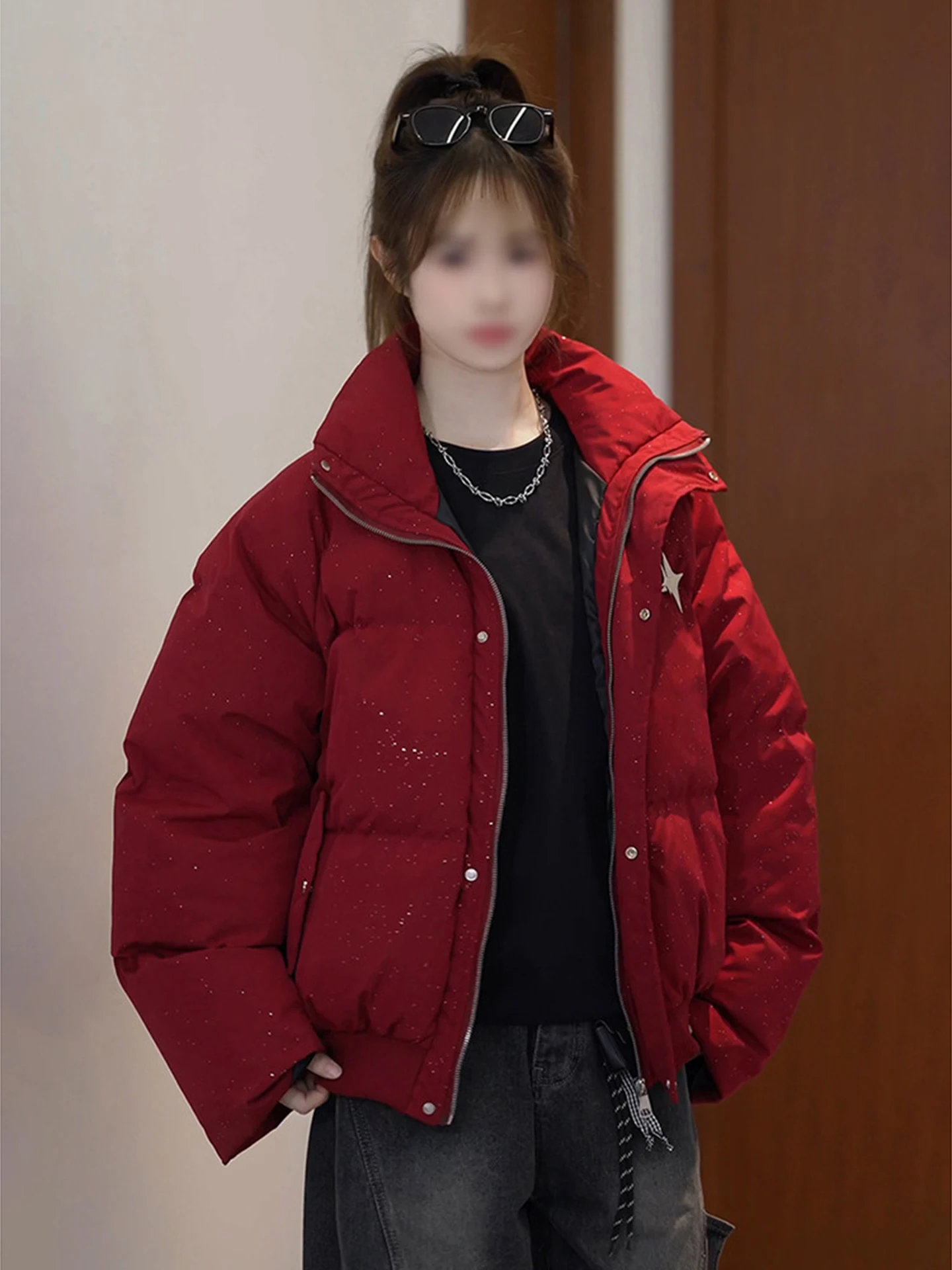 

Red down Jaet Hoodl Zipper Closure ort Sle Bread Coat for Men And Women Winter Wear Casual Street Sle Polyester Fiber