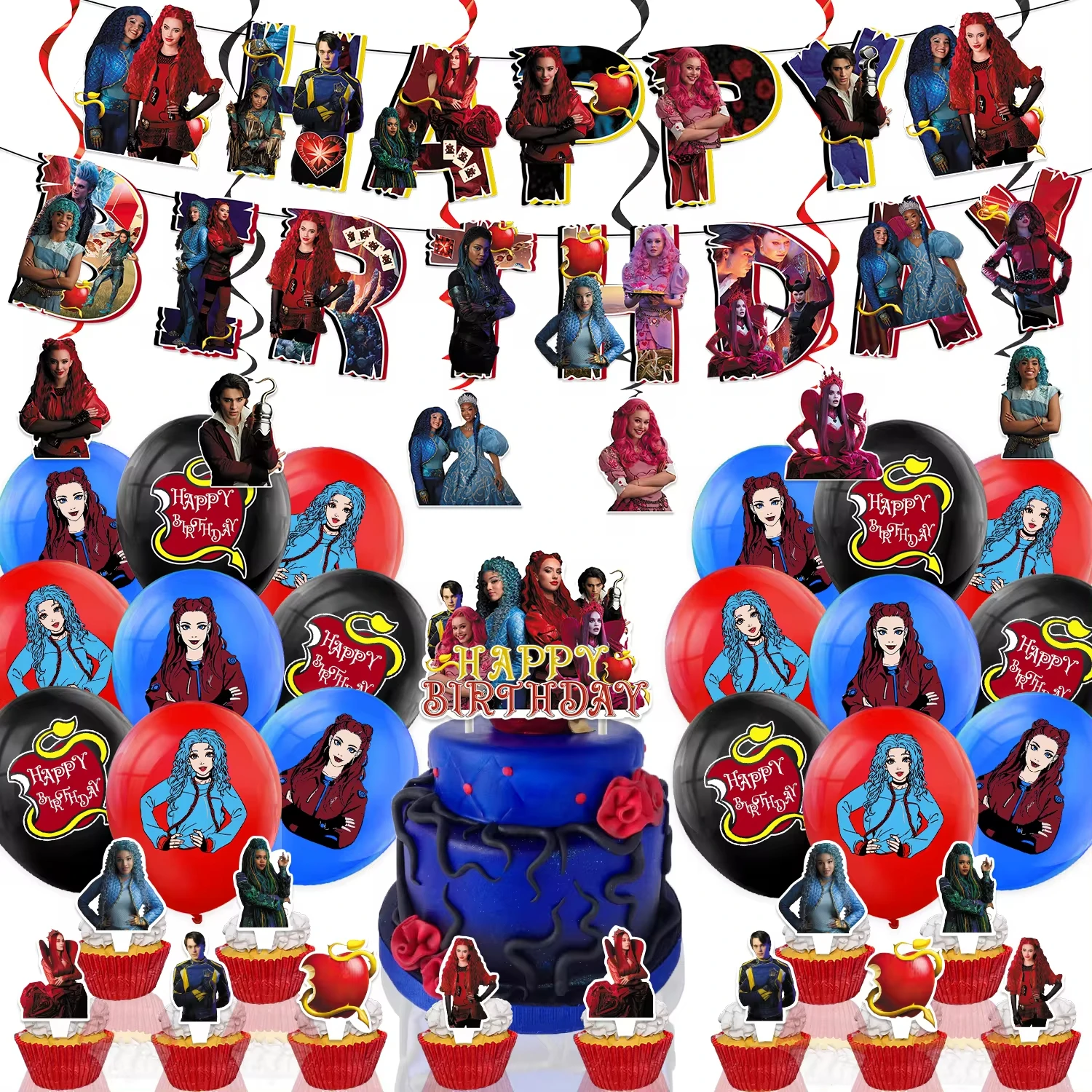 Descendants The Rise of Red Birthday Disposable Plate Cup Balloon Backdrop Cake Topper Party Decoration Baby Shower Supplies