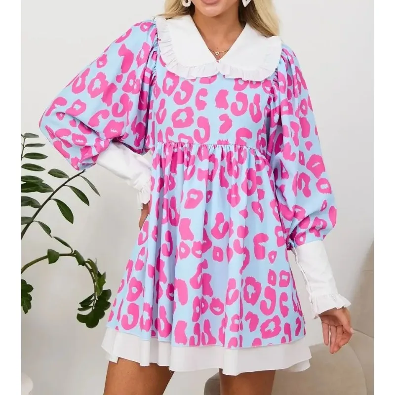 

Doll Collar Long-sleeved Dress Printed Loose Large Size A-shaped Short Skirt