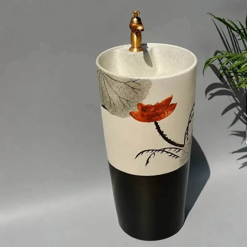 Outdoor Balcony Garden Floor to Ceiling Integrated Column Jingdezhen Ceramic Wash Basin Sunscreen and Frost Proof for Hotel