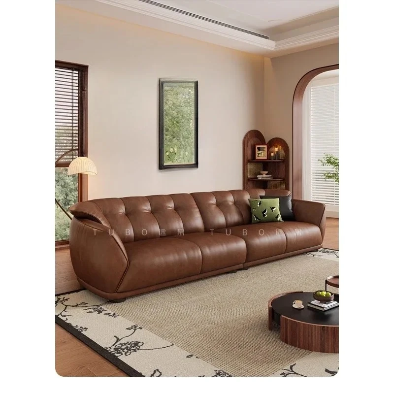 

C Oil wax leather sofa living room French retro straight row first layer cowhide Maillard caramel color