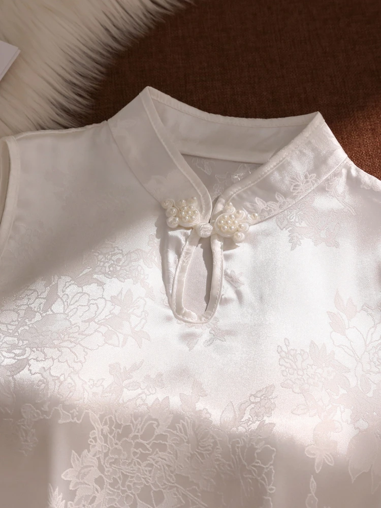 New Chinese Sle Stand Collar Svel Vest Women's Loose Fit Slimming Base irt Formal Wear Printed Slimming Top