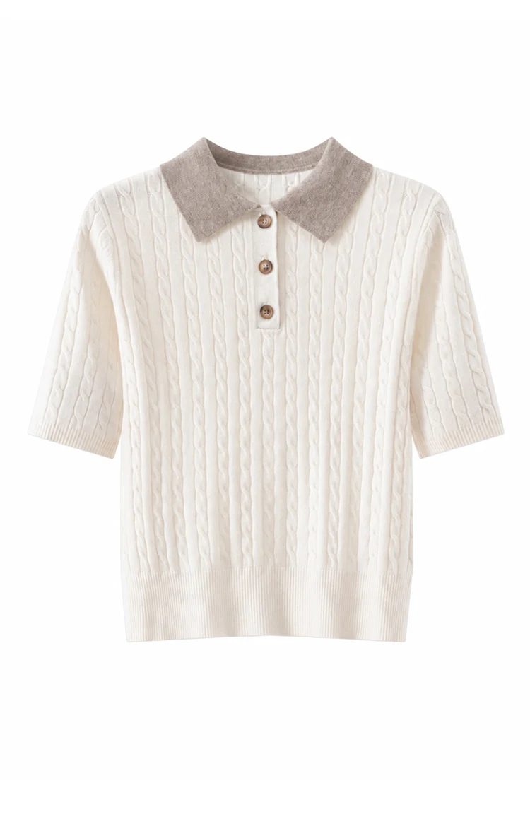 MZ62085 Damen-Pullover im Preppy-Stil mit Polokragen, Zopfmuster, kurzen Ärmeln, Kontrastkragen, Knopfdetails, Modal-Mischung, Oberteil für den frühen Herbst – Detail 15
