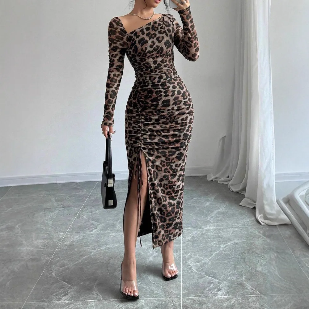 European and American Leopard Print Dress Season sexy Slim Fit Hip Hugging Skirt Spicy Girl Long Sleeved Inner Outfit