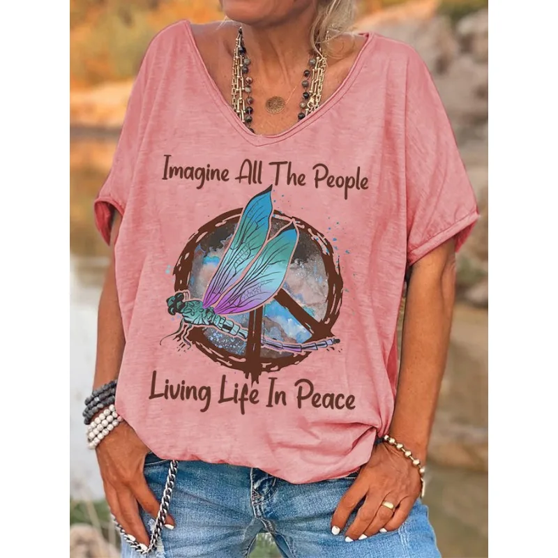 ilstile Women's Hippie Living Life In Peace Print T-Shirts  Summer Short Sleeve Casual Loose V Neck Tops Green Pink Tees