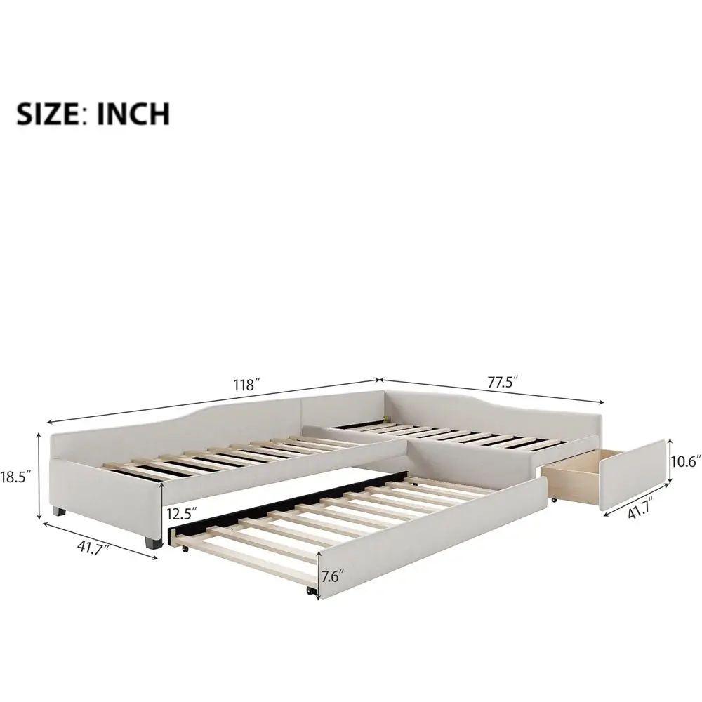 Double Twin Size Daybed with Trundle, Storage Drawer, L Shaped Corner Bed, Upholstered Sofabed, 3 Beds in One Design, No Box Spr - Image 2