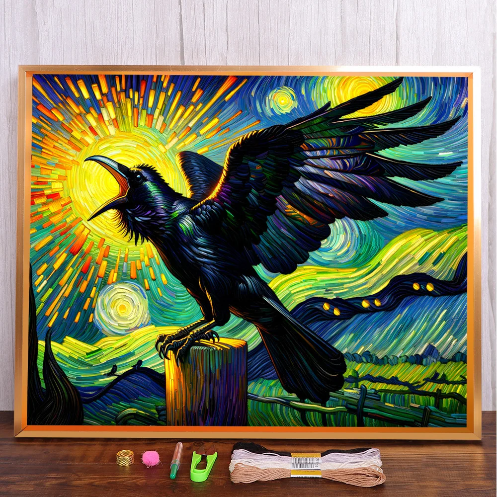 

Bird Crow Printed Fabric Cross Stitch DIY Embroidery Set DMC Threads Handiwork Painting Handmade Hobby Design Home Decor Sales