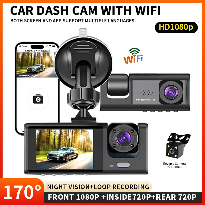 1080P WiFi Dash Cam, 3-Channel (Front+Inside+Rear), 170° Wide Angle & Night Vision, App Control for Android/iOS – No Wiring!