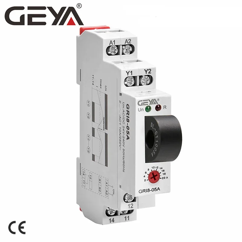 Relè di monitoraggio della corrente ca o cc GEYA GRI8-05 dritto-through 2A-20A AC24V-240V protezione da sovracorrente