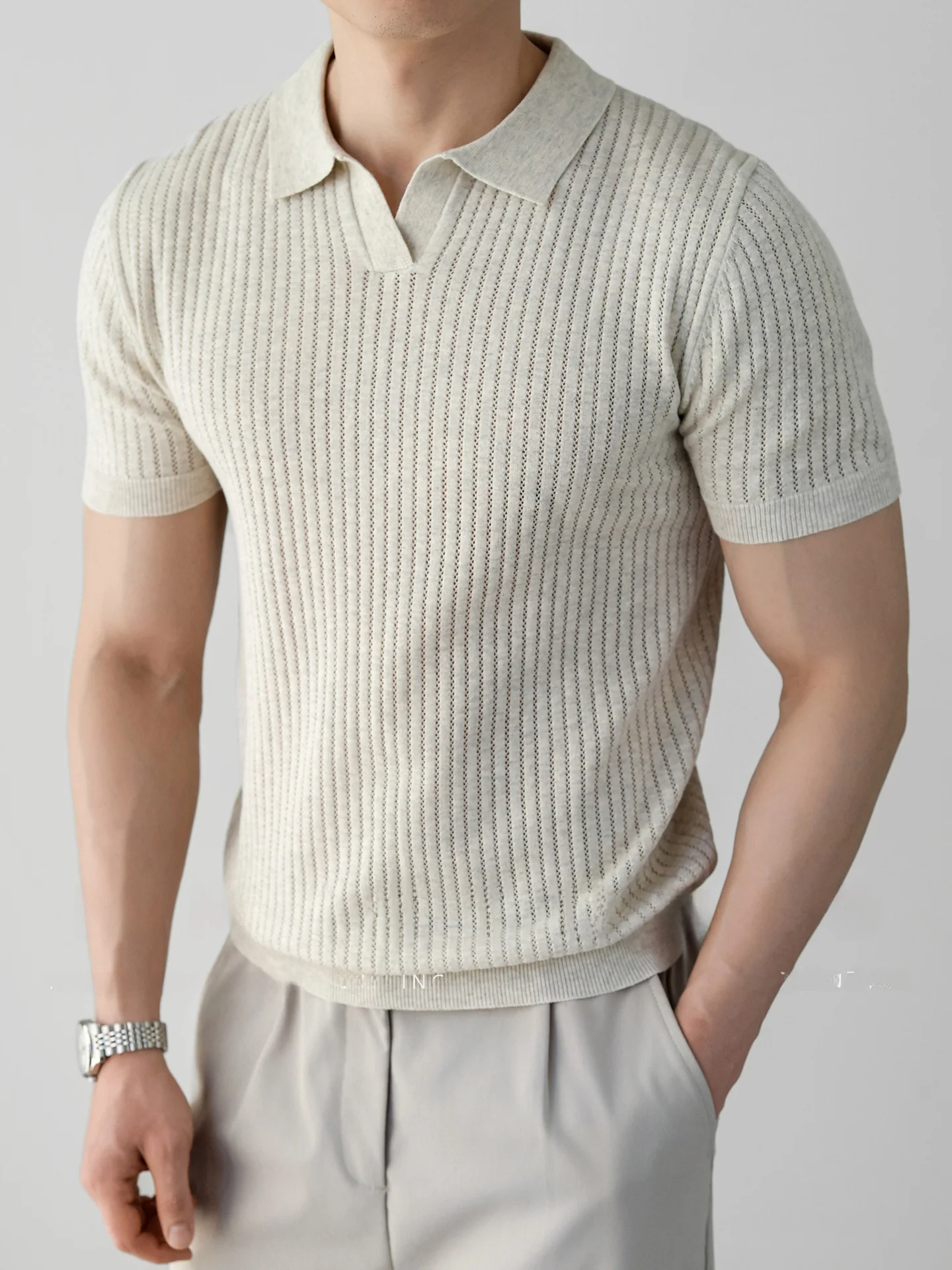 Italian Vertical Stripe Texture O-Neck Short Sleeve Knitted Summer Business Casual Moisture-Wicking Breathable Men's T-Shirt
