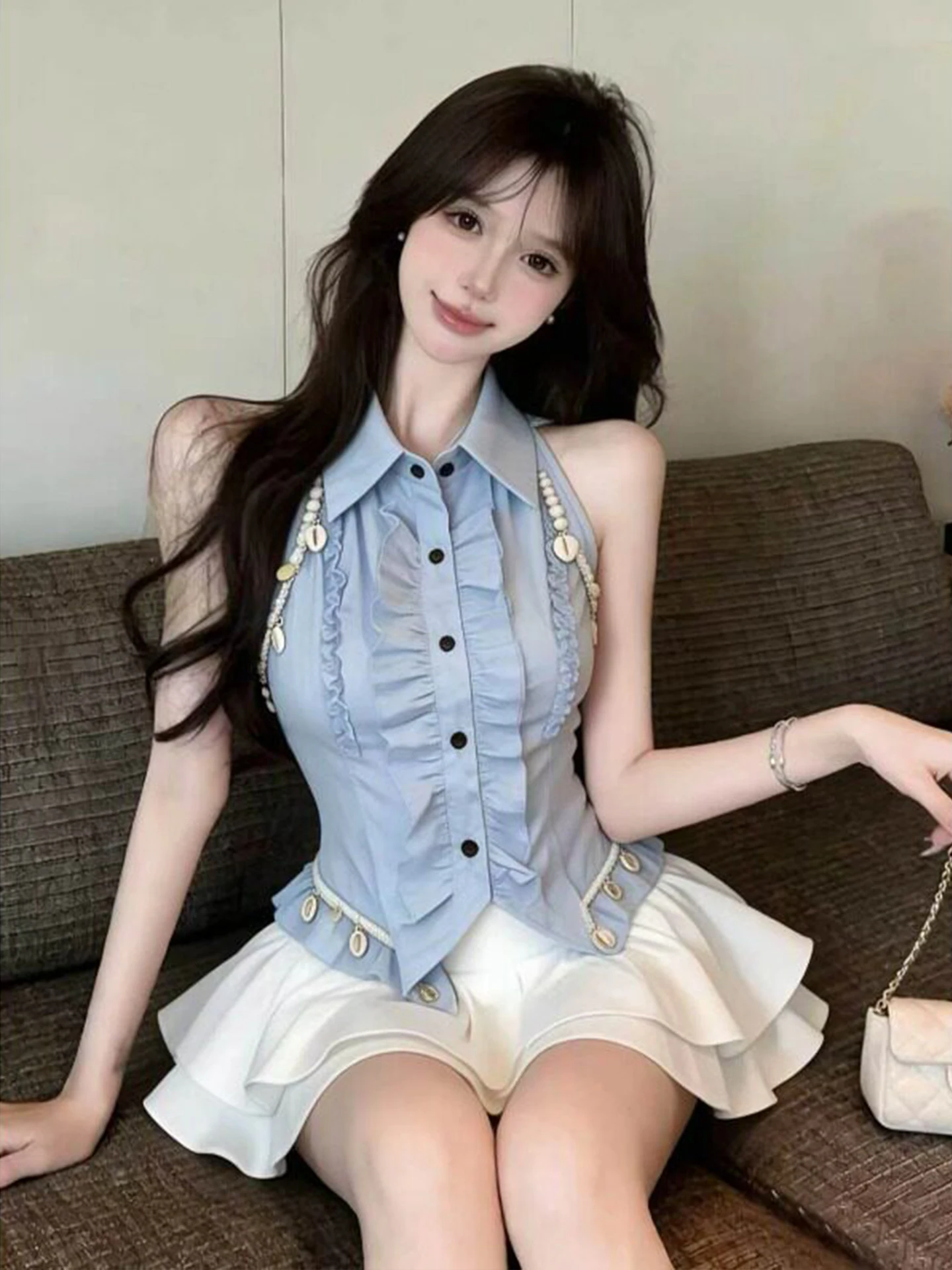 

Blue Collar Shirt Women's Summer Design Unique Sleeveless Top Age Reduction Irregular Korean Style Commute Wind Blouse