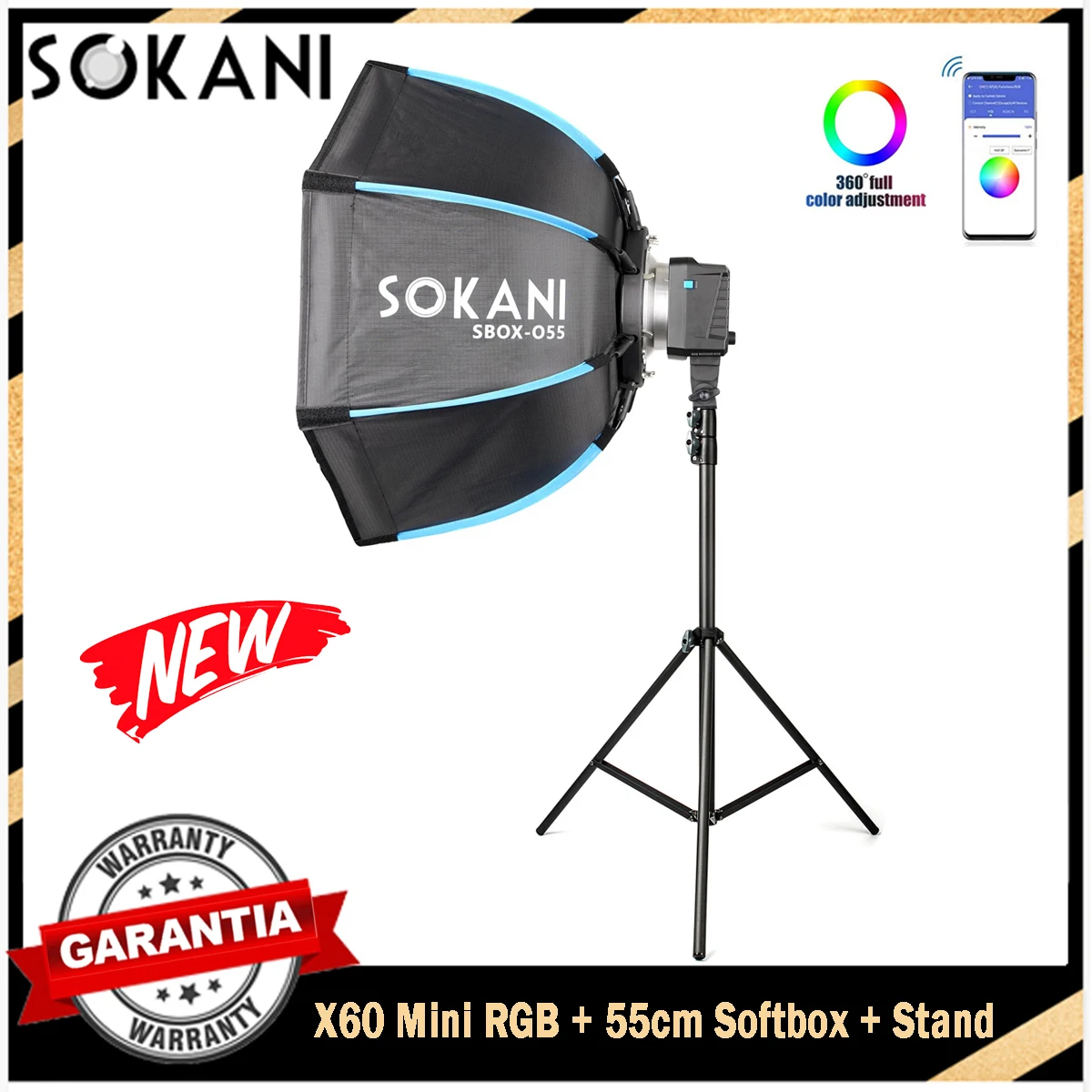 Sokani X60 RGB Mini 60W LED Video Light with 55cm Octagon Softbox Light Stand Kit for Youtube TikTok Photograpy Video Recoding