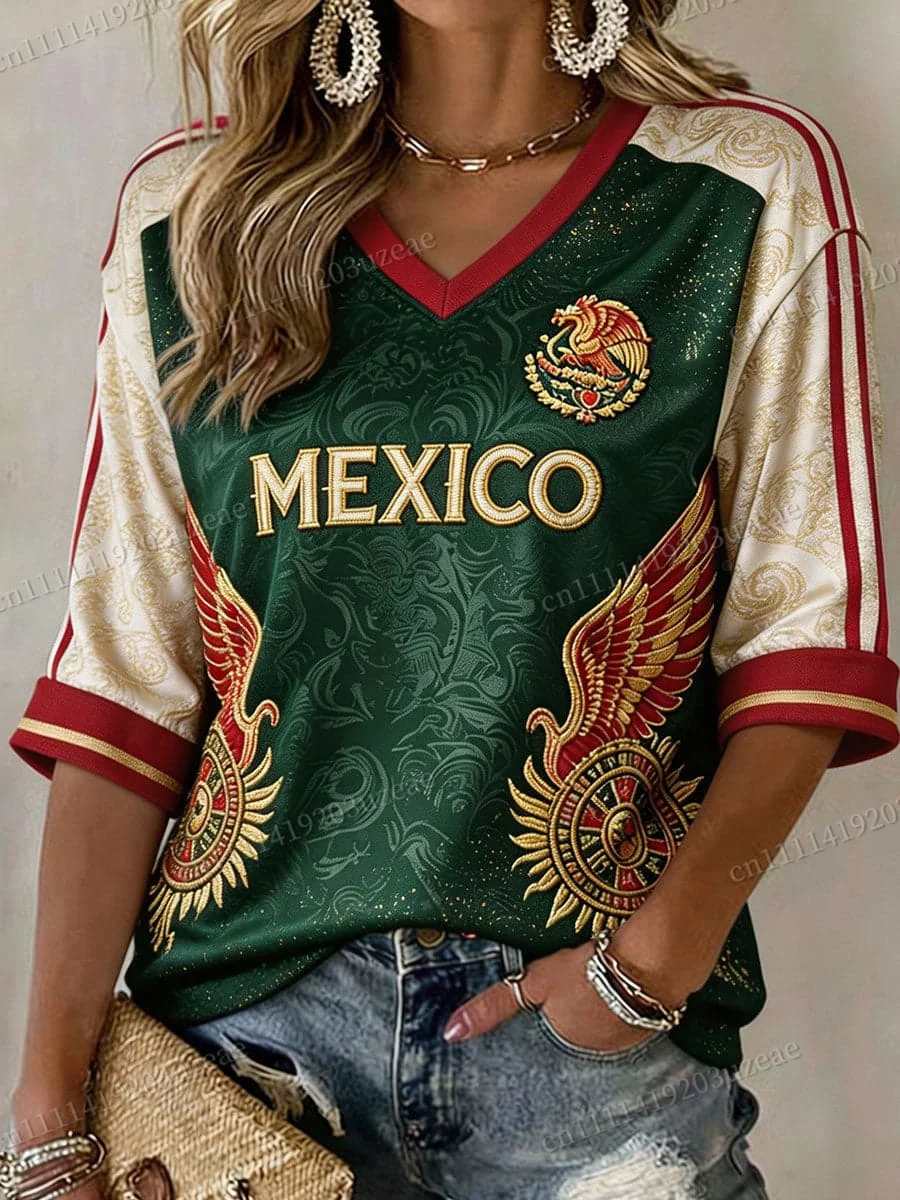 2026 Summer Mexico Flag Women's Short Sleeve T-shirt 3D Printed Outdoor Football Jersey Sports Casual Breathable Men Tops