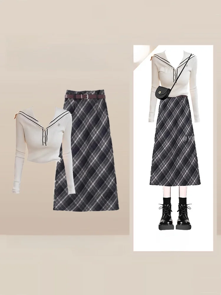 

Ele Navy Collar Knitted Long Sve T-irt ort Sle Women's Faion Set with Plaid Skirt Autumn Luxury Trend