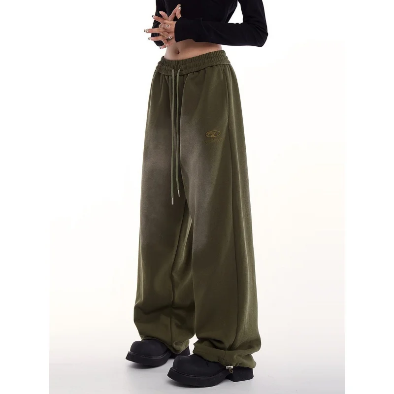 Design Green Pants Women's American High Street Sports Pants Ankle-Tied Retro Hip Hop Jazz Dance Straight Casual Pants