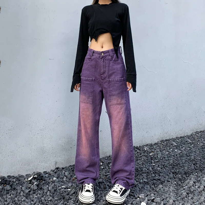 Women Korea Style Gradient Purple Color Jeans Spring And Summer Commuting Pants High Waist Wide-leg Fashion Women\'s Trousers