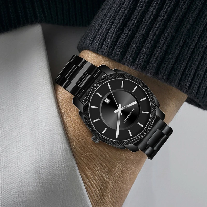 HANNAH MARTIN Watches for Men 1452 Black Luxury Quartz Watch Stainless Steel Strap Waterproof Mens Watches Relogios Masculino