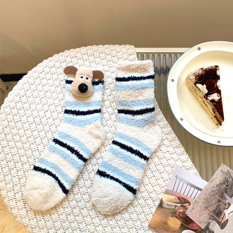 Cute dog Korean Coral fleece Socks Thick Women Winter Warm Long Sock Home Sleep Plush Socks Harajuku Stripe Girl Sokken Sox