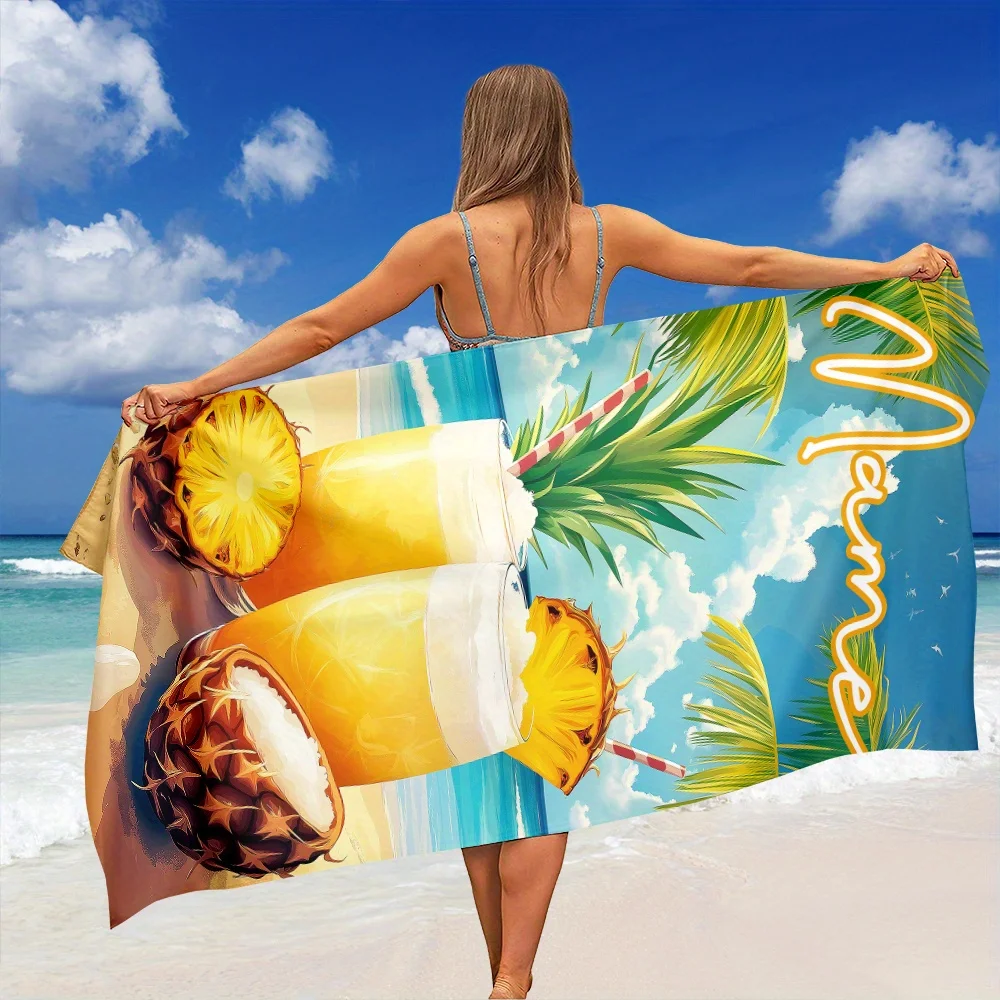 1pc Customized Name Beach Towel Text/Name Large Quick-Dry Microfiber with Pineapple Coconut Drink Design, Tropical Palm