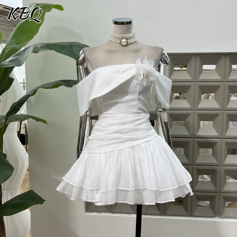 

KBQ Solid Spliced Appliques Slimming A Line Dresses For Women Slash Neck Off The Shoulder Sleeve Evening Dress Female Fashion