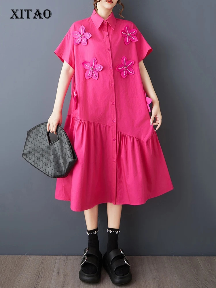 

XITAO Flower Turn-down Collar Short Sleeve Dress Solid Color Irregular Patchwork Loose Casual Sweet Summer Woman Dress ZMY1386