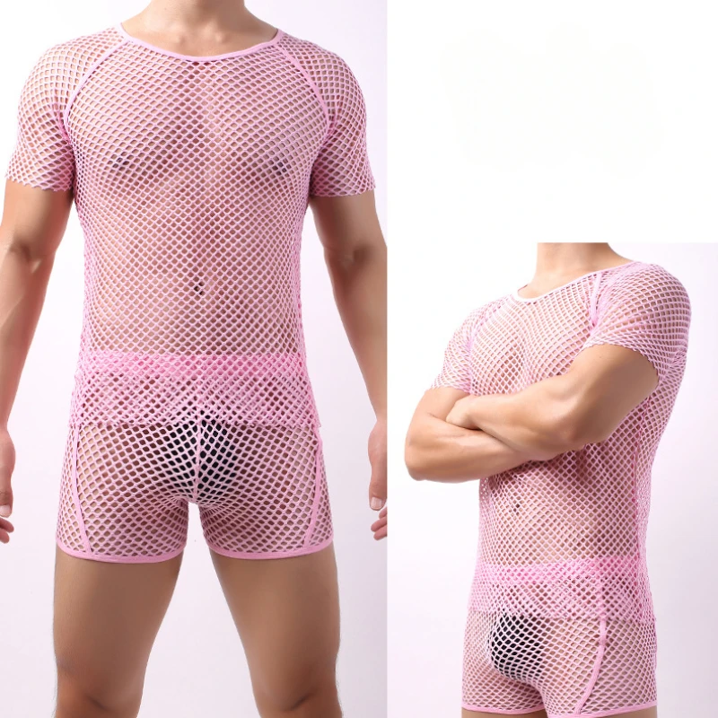 تي شيرت رجالي مثير شبكة شفافة شبكة صيد السمك بلوزة جوفاء ملابس السباحة قمصان قميص داخلي تجريب كمال الاجسام محدد شكل الجسم #6