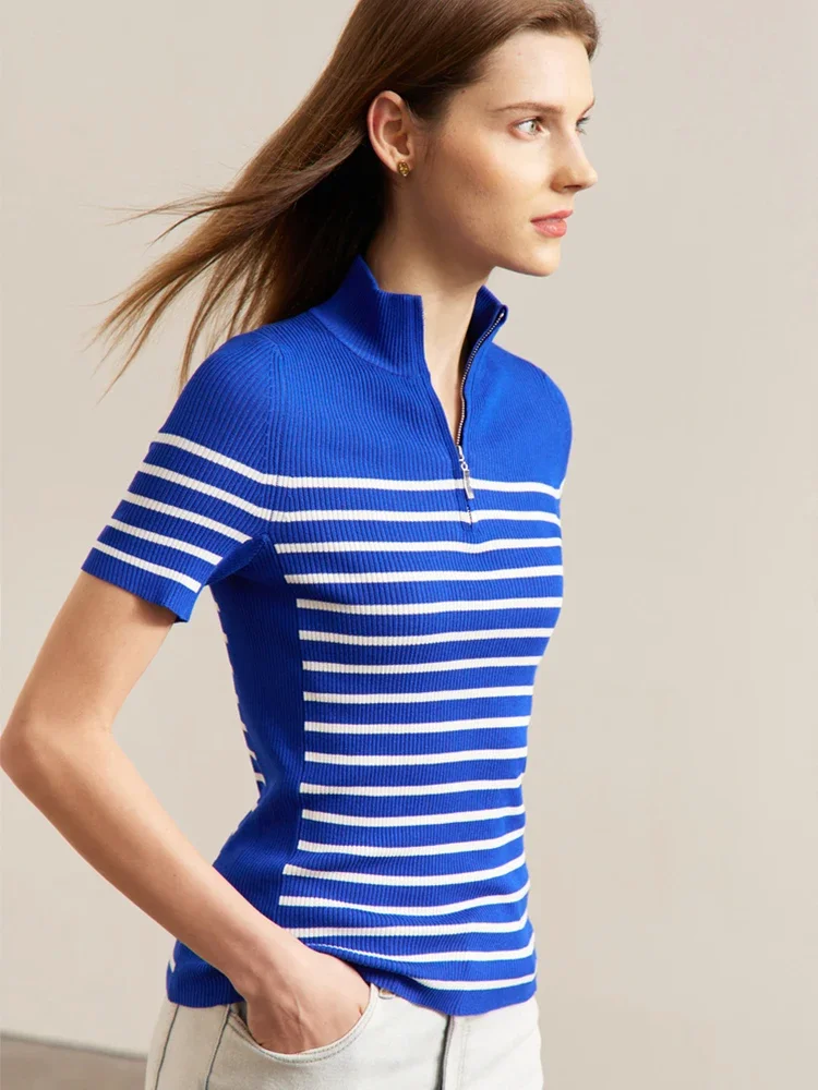 

AMII Minimalism Stripe Knitted Womens Clothing Knitwears 2025 Summer New Chic Stand Collar Office Lady Female Sweater 72341020