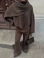Bornladies  Autumn Winter Fashion Women's New Cable Knit Sweater Wide Leg Pants Set Soft Wool Blend Loose Fit High Neck Pullover - Image 5