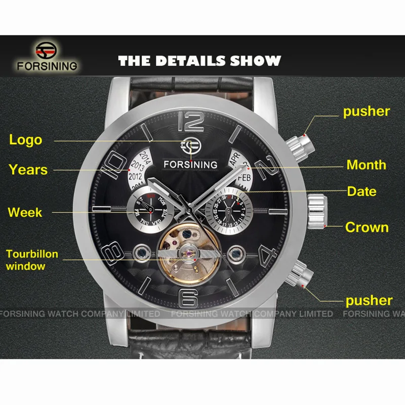 Forsining Fashion Mechanical Male Wristwatches Tourbillon Waterproof Leather Strap Regulator Watches With Perpetual Calendar