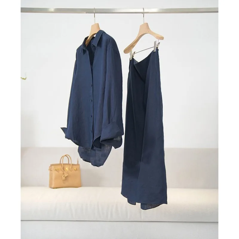 

Spring Navy Blue Linen Suit Shirt Skirt Sets