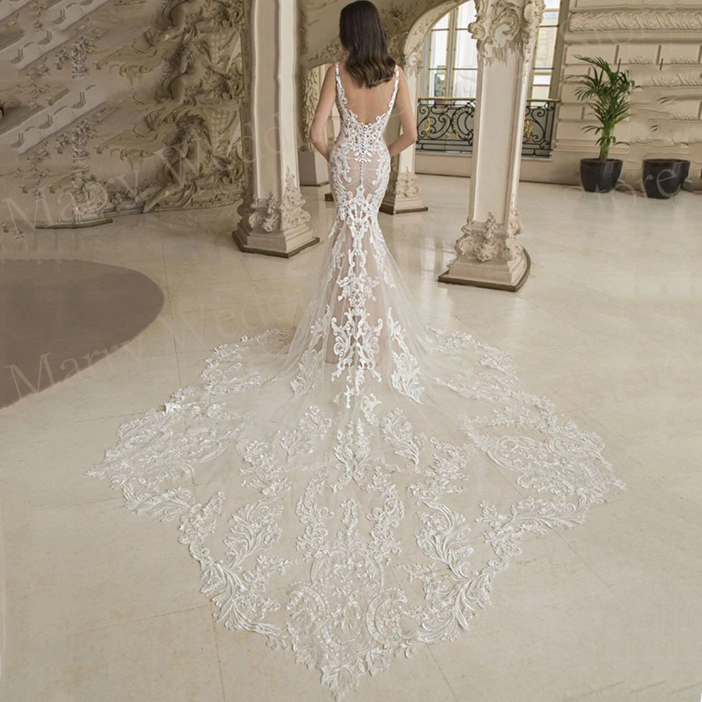 Luxury Mermaid Sexy Deep V-Neck Wedding Dresses Appliques Lace Sleeveless Bride Gowns Vestidos De Fiesta Elegantes Para Mujer