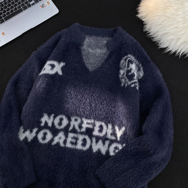 Suéter Retro de manga larga con cuello en V para hombre, Jersey de punto de visón Jacquard holgado y cálido, ropa de moda para hombre