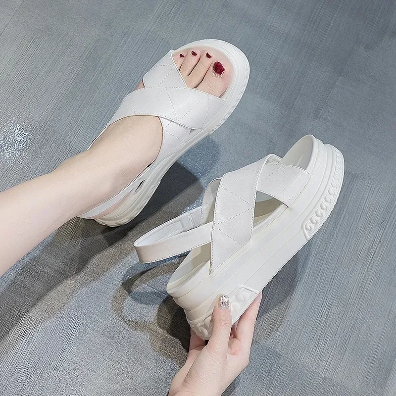 Sandals Women Platform High-heel  Summer New Trend Ladies Sandals Fish Mouth Genuine Leather Roman Shoes Women