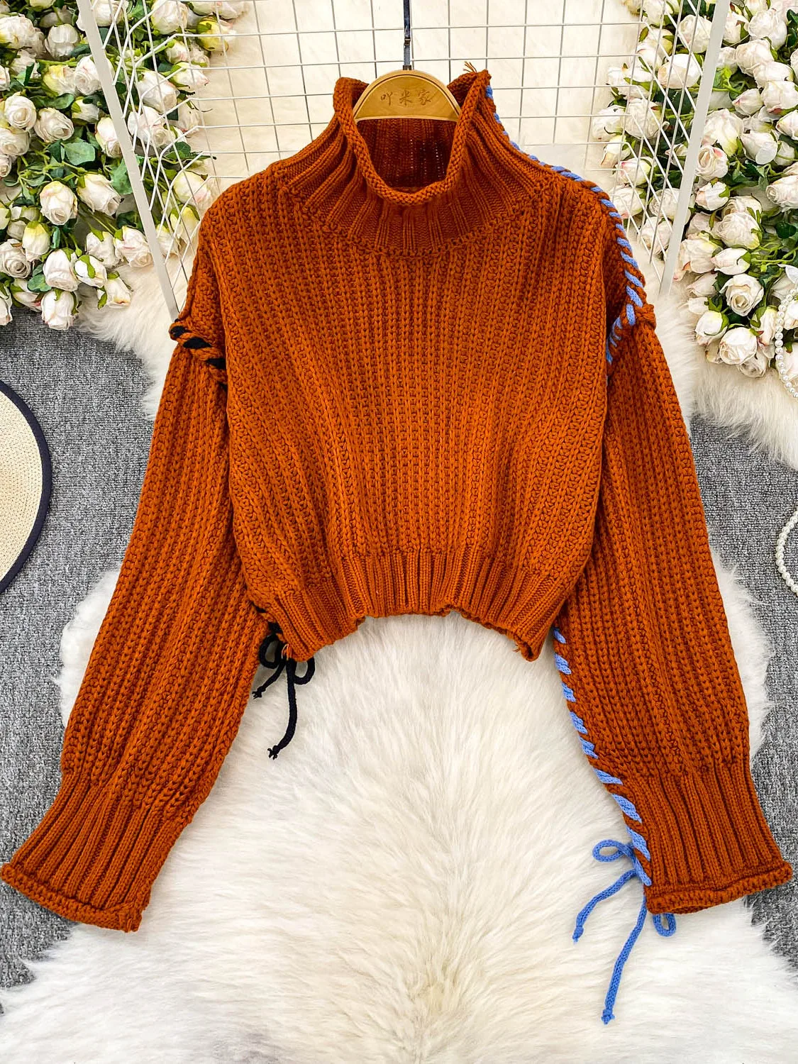 Senhoras suéter de malha solta meia gola alta estilo preguiçoso casual solto ajuste cordão mole outono inverno moda ens...