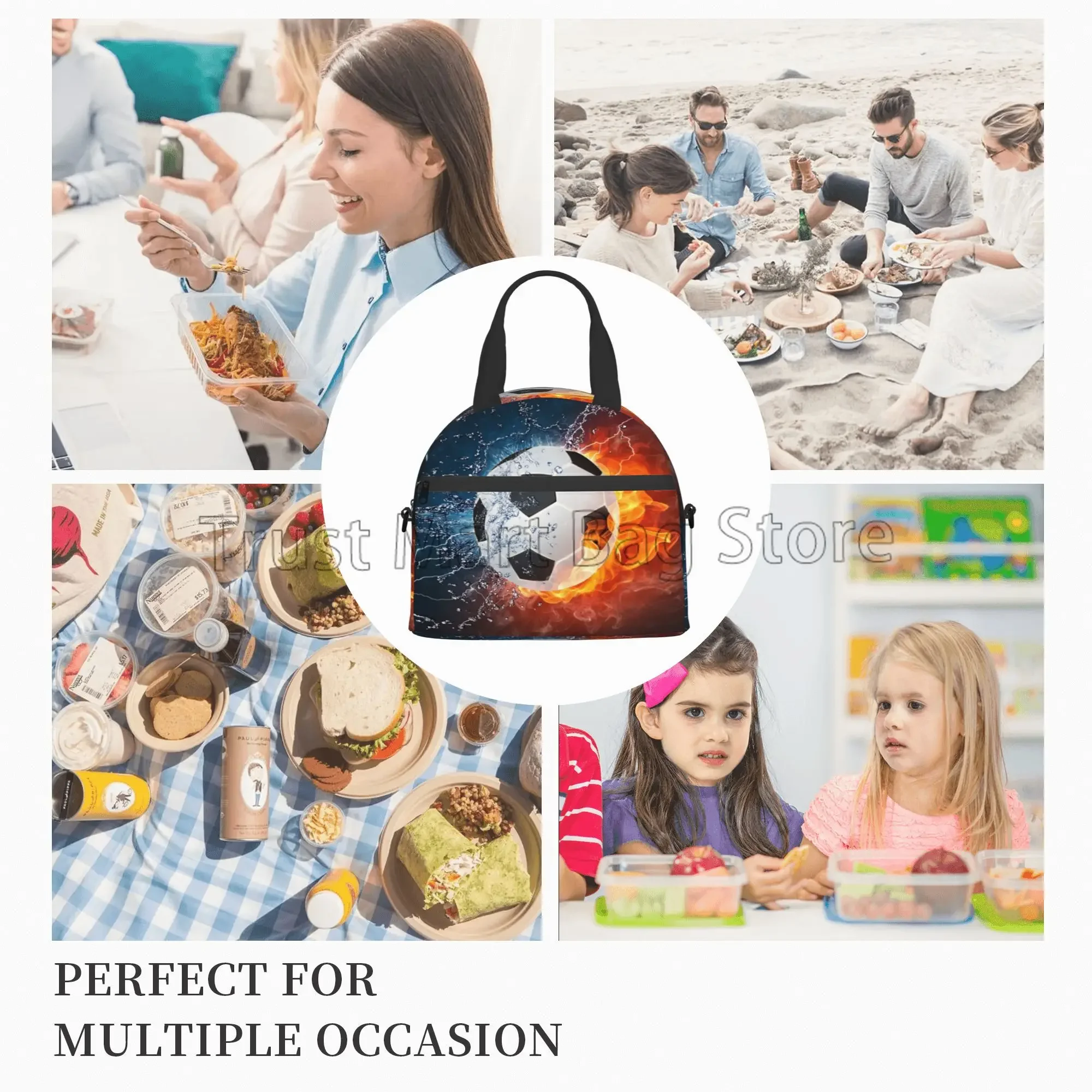 Soccer Ball Thermal Lunch Box Sports Football Insulated Lunch Bag for Boys Girls Adults Reusable Bento Tote with Shoulder Strap