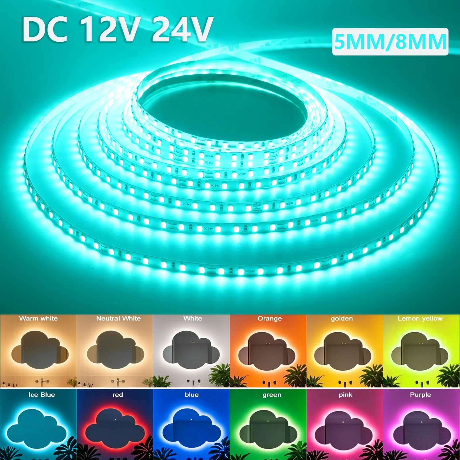 5mm 8mm LED Strip 12V 24V SMD 2835 120LEDs/m Warm White Yellow Red Green Blue Pink Purple Flexible Tape for Bedroom TV Backlight