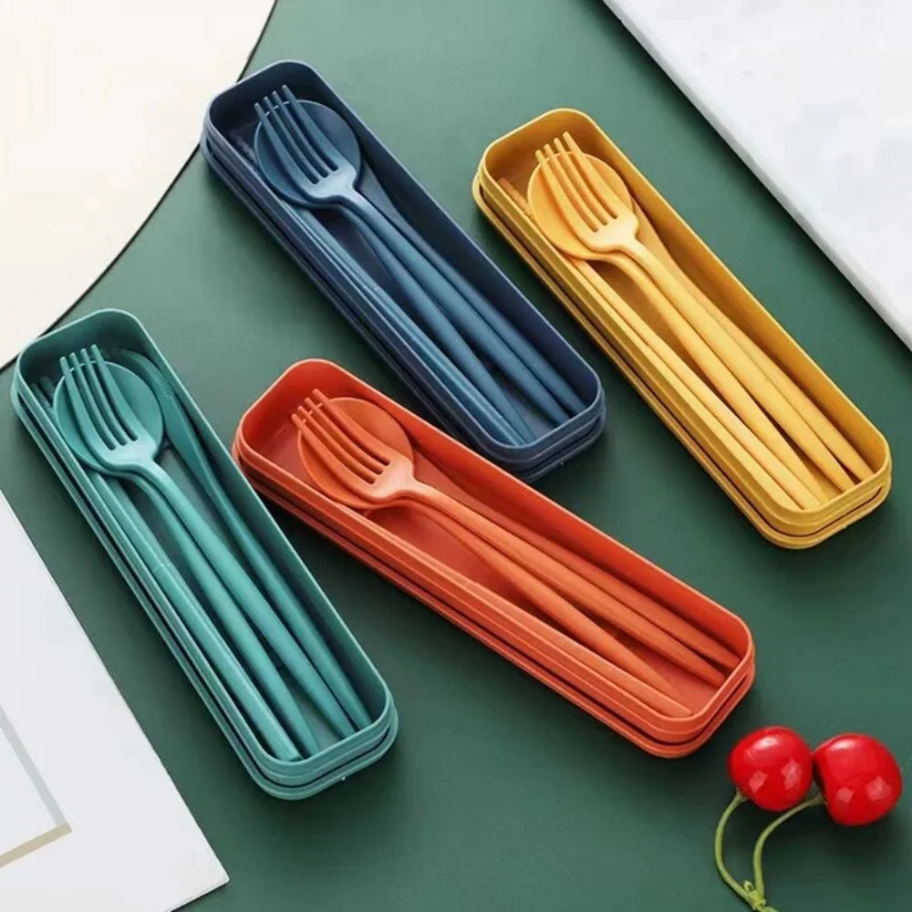 

4-Piece Portable Utensils Healthy Eco-Friendly Wheat Straw Cutlery Reusable Chopstick Fork Knife Spoon Set Portable Cutlery Set