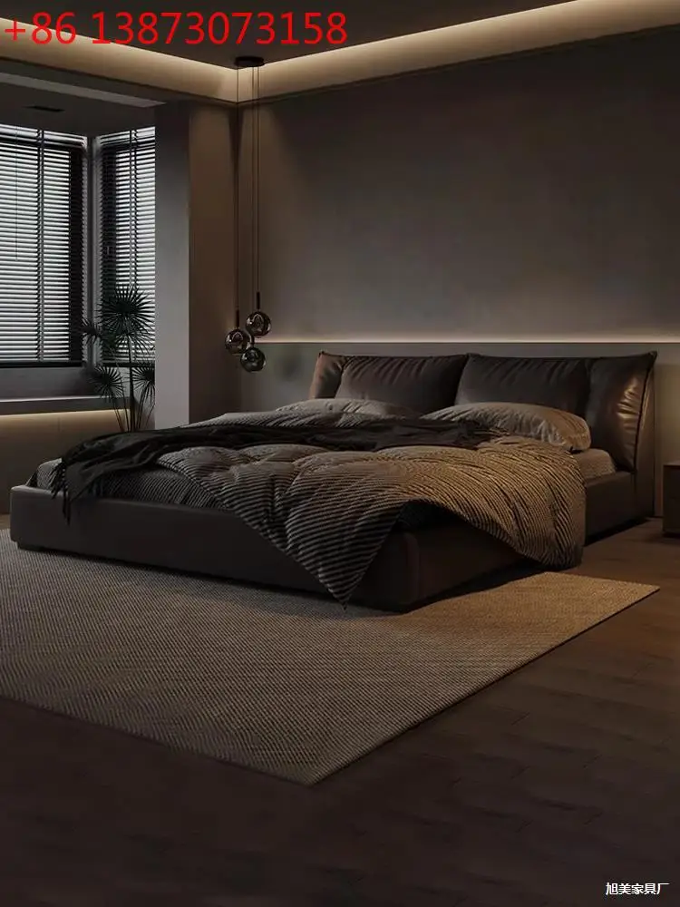 

Итальянская светлая роскошная кожаная кровать, современная простая двуспальная кровать, элитная атмосферная мягкая сумка для хранения вещей, свадебная кровать в главной спальне