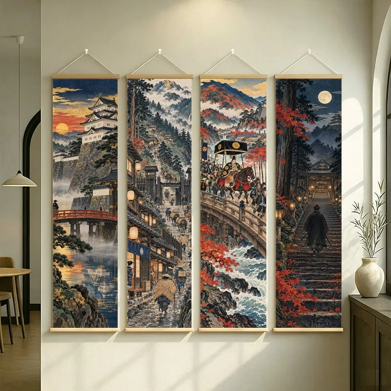 Japanese Townscape Wall Art with Snowy Peaks, Arched Bridge and Autumn Trees on Silver Shimmer Canvas for an Entryway