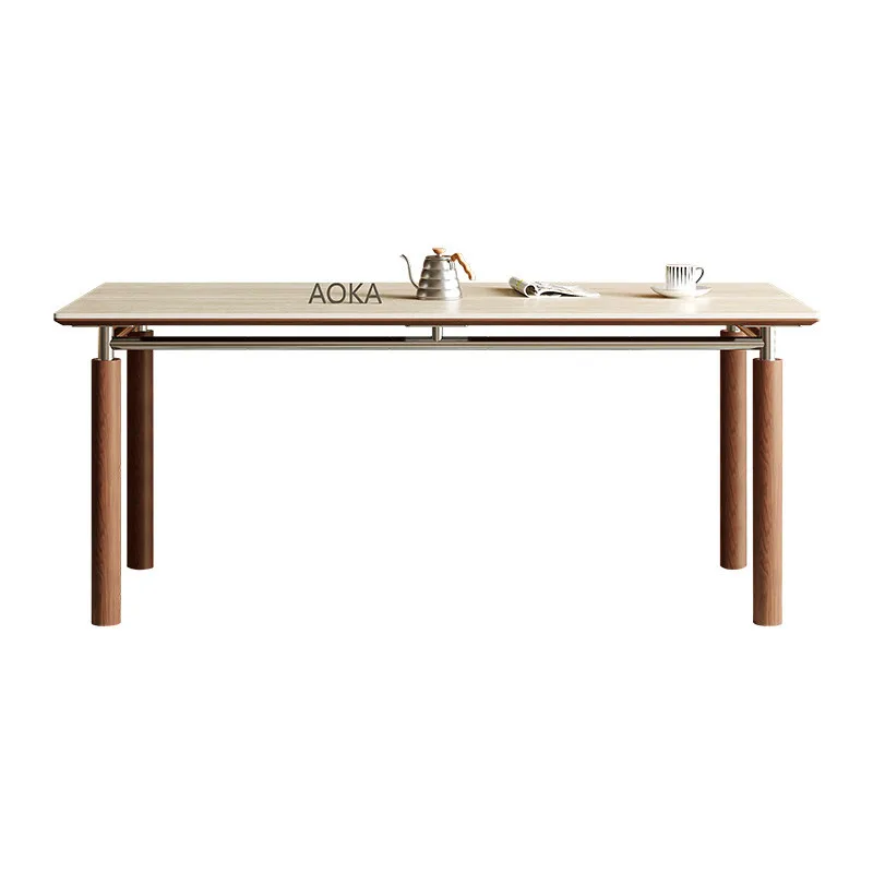 

Solid wood rock slab dining table and chair combination travertine antique stainless steel ash wood designer new dining table