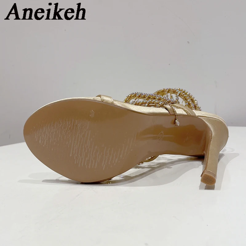 Aneikeh Women Summer Silk Round Toe Open Toe Sandals2024Fashion Sexy Rhinestone String Bead Ankle Strap High Heels Party Wedding