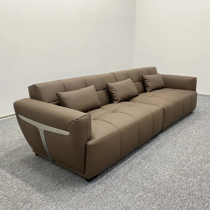 Small apartment modern Italian whaler straight row sofa, four-person combination first-layer cowhide leather sofa