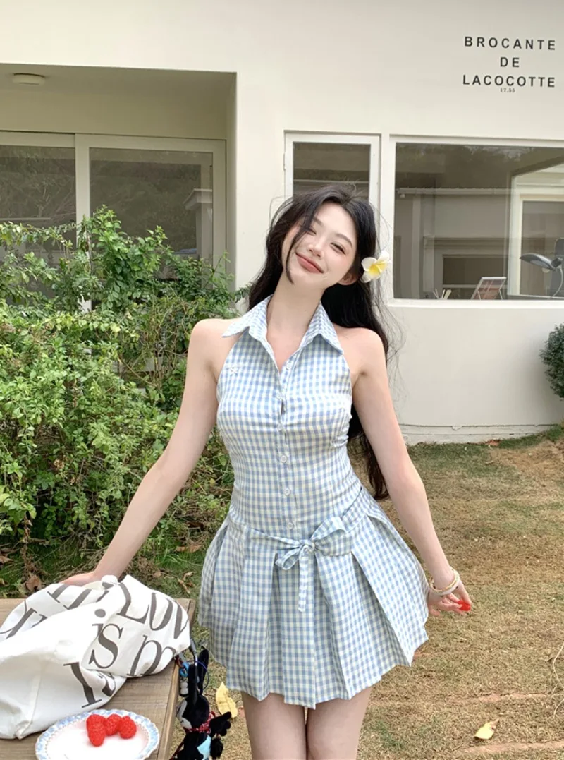 

Hmsevenjz Sweet Girl Blue Plaid Halter Neck Dress for Women's Summer Slim Sleeveless A-line Short Dress Fashion Female Clothes