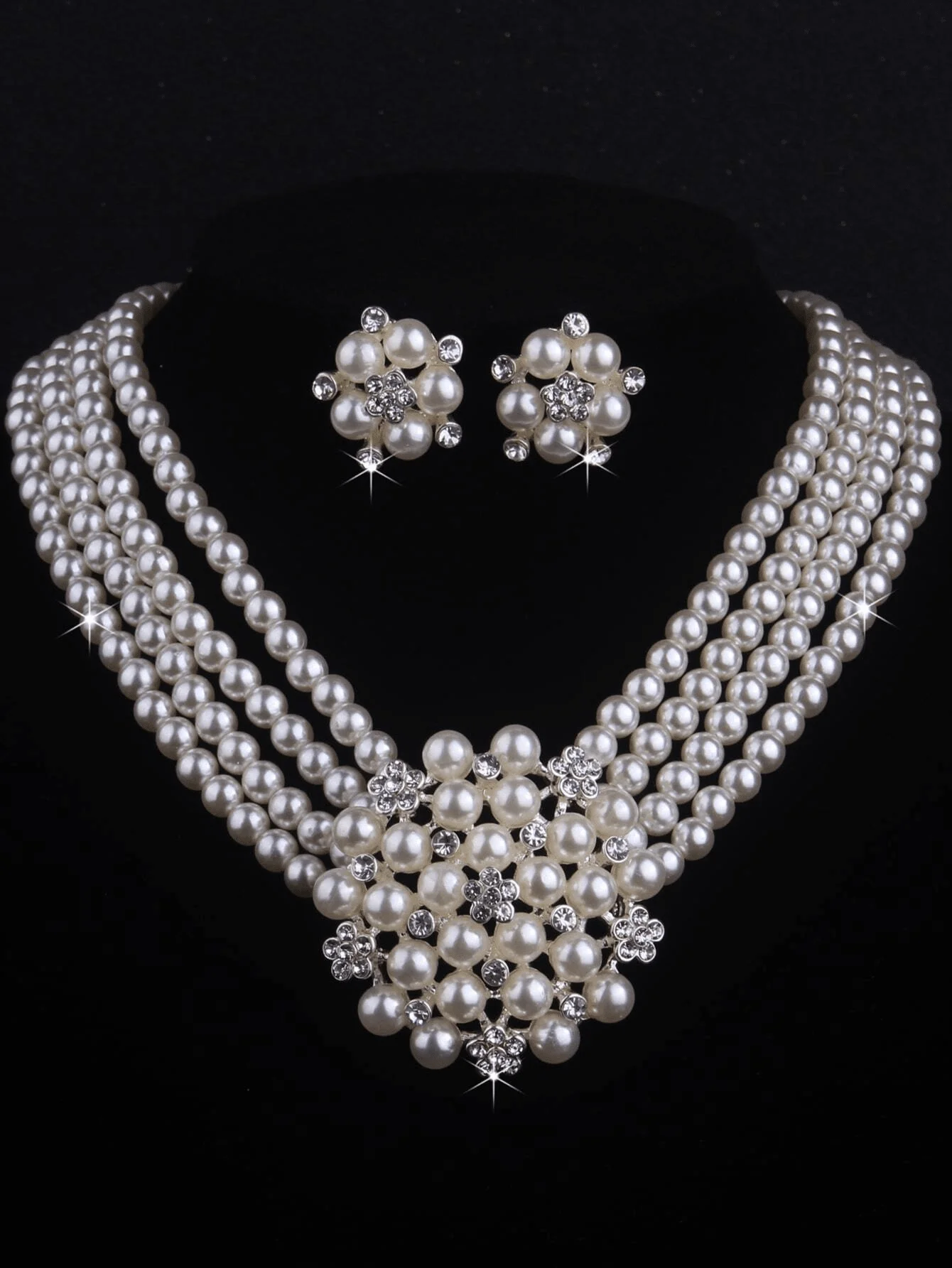 

3-Piece Faux Pearl & Rhinestone Floral Necklace Earring Set for Bridal Wedding Party