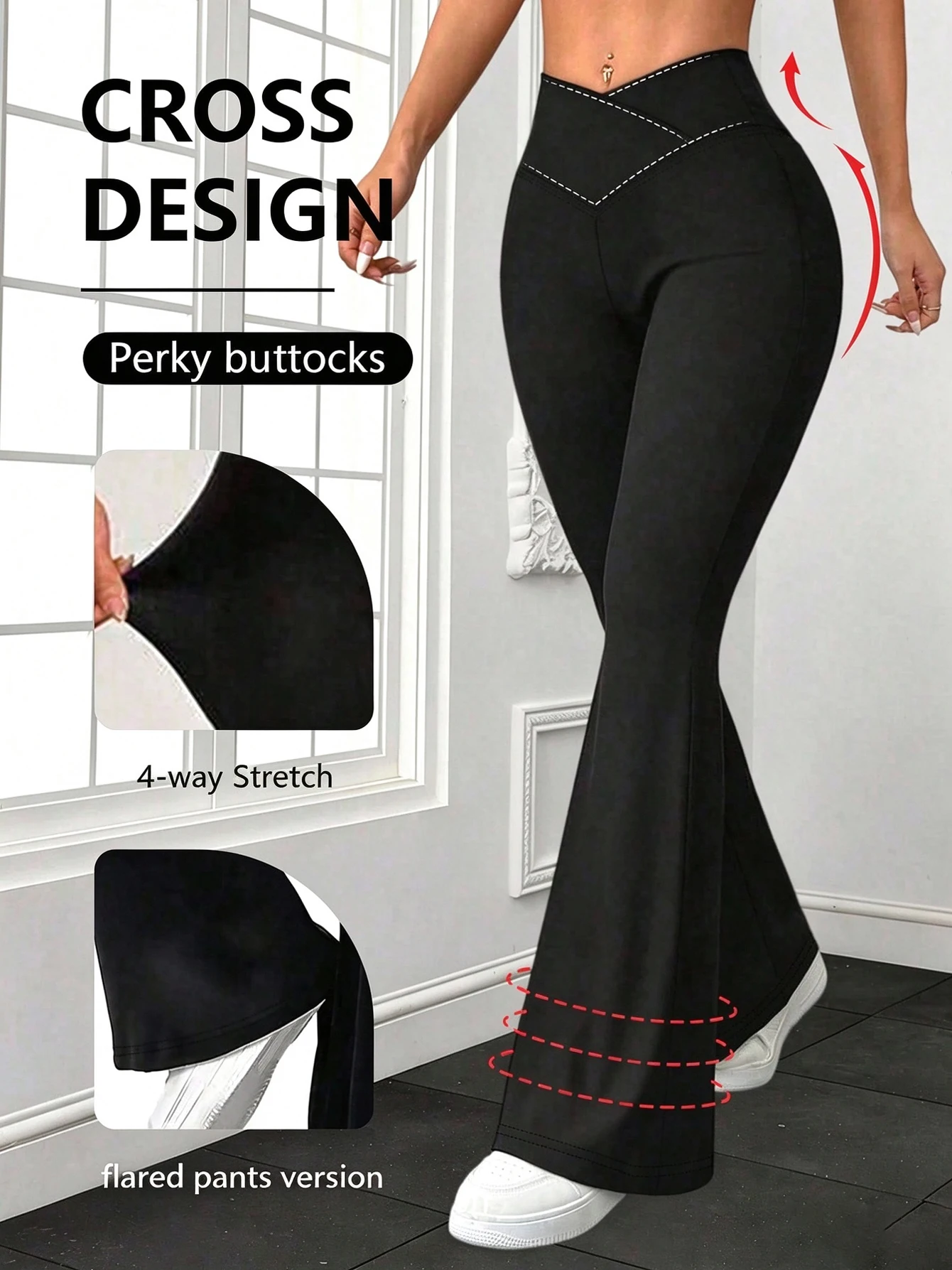 V-shaped cross-over high-waisted flared yoga pants for women. The front waist is crossed, providing an abdominal-reducing, hip-r